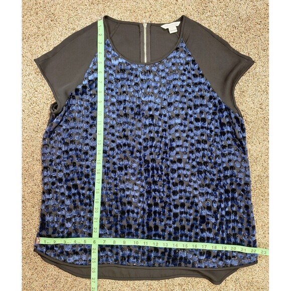 Diane Von Furstenberg Blouse Livian Velvet Burnout Black Blue Gold Size Large - Picture 5 of 9